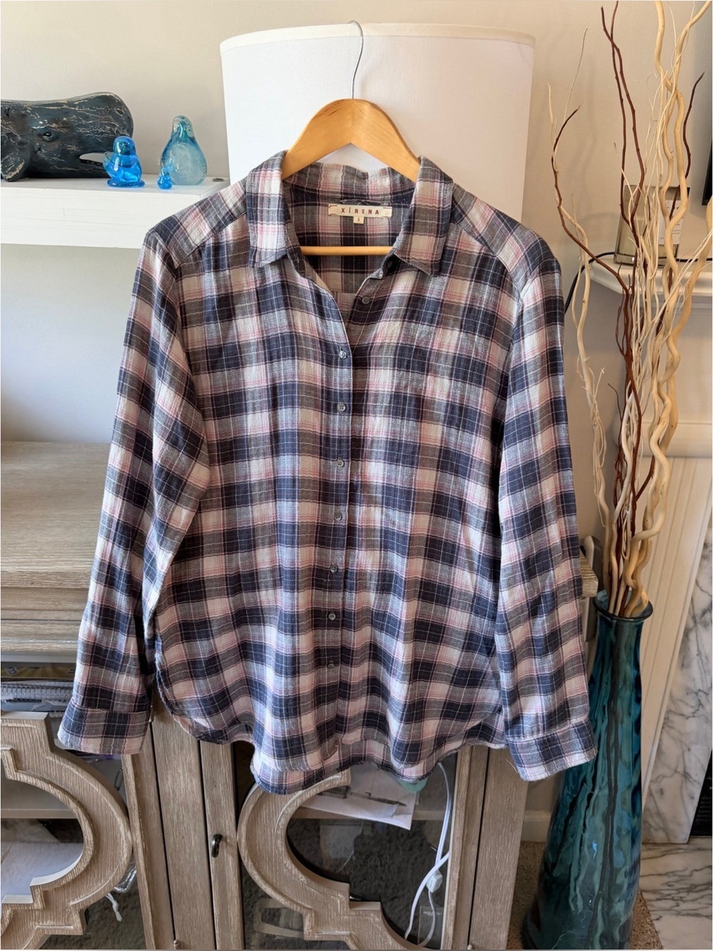 Xirena Plaid Button Down Shirt Womens Navy Pink